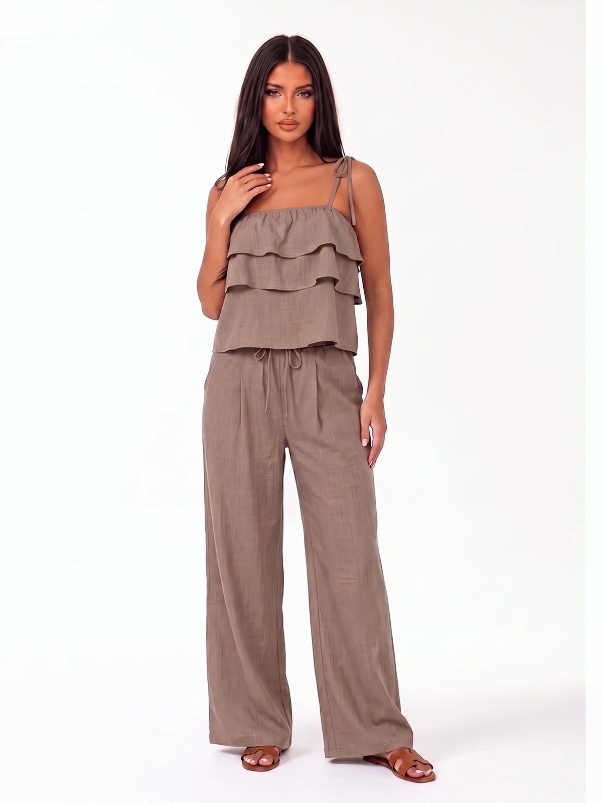 Damen Set mit Volanttop mit Bindeträgern und Weiter Hose – Ansicht 7