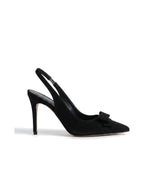 Damen Slingback Pumps in Veloursleder-Optik mit Schleife und Spitzer Zehenpartie