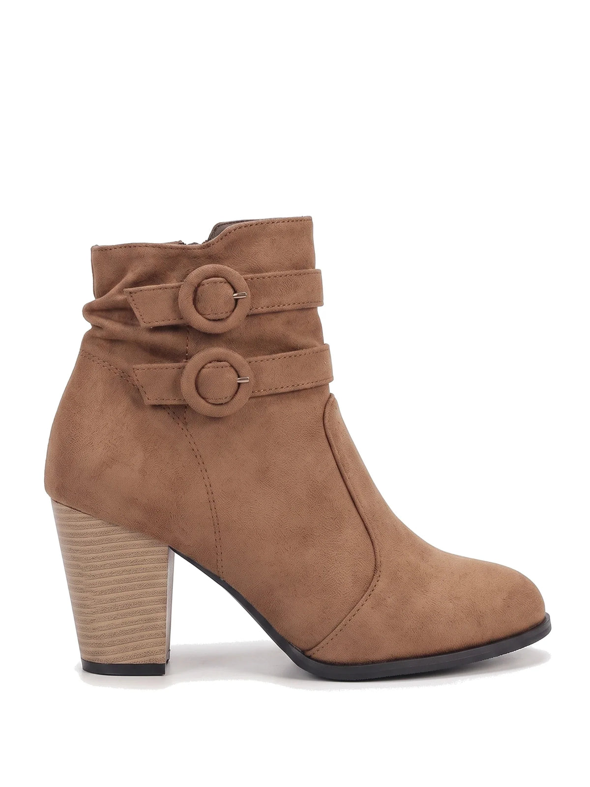 Damen Stiefeletten mit gerafftem Schaft und doppelter Schnalle in Braun – Seitenansicht