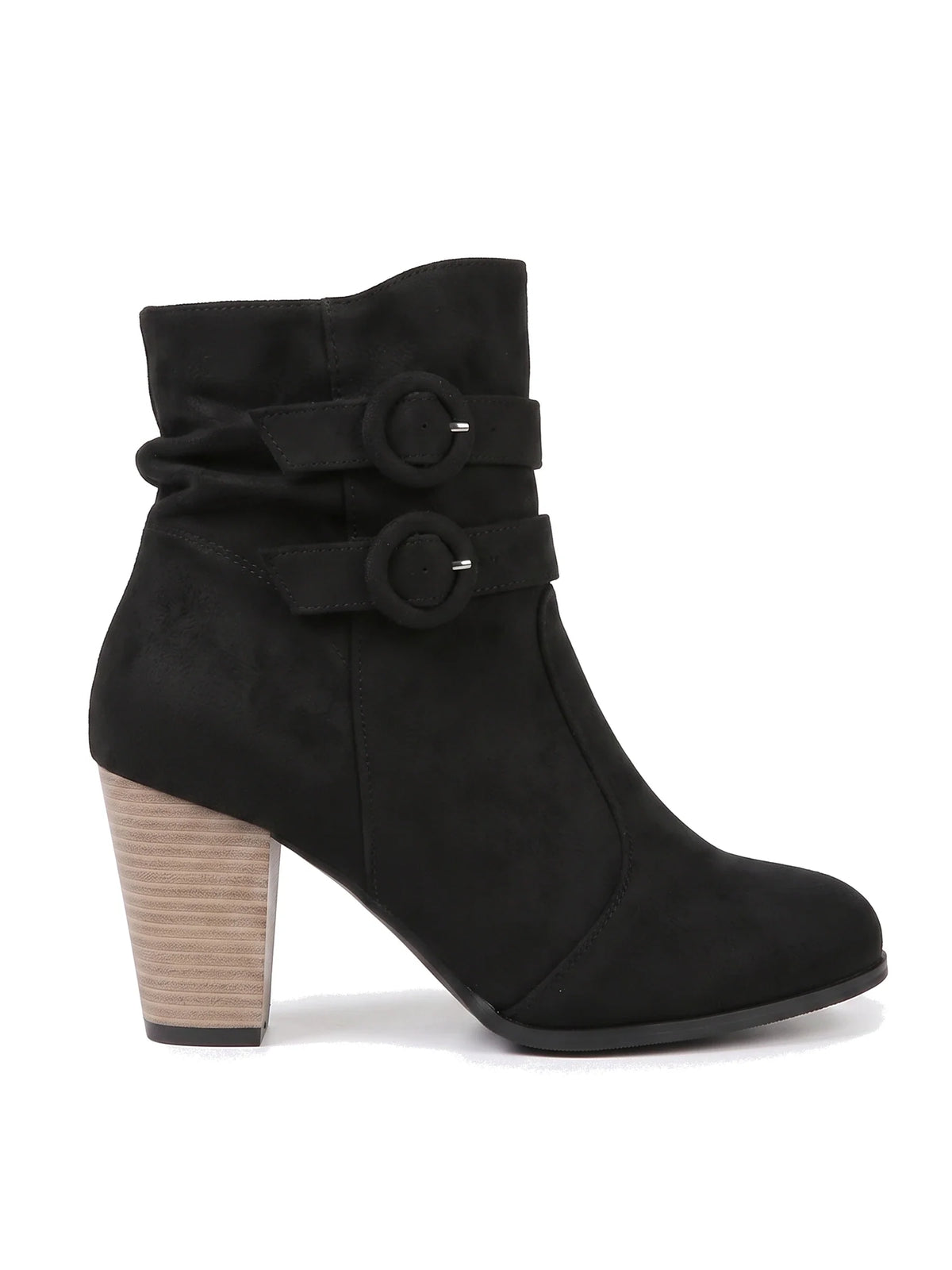 Damen Stiefeletten mit gerafftem Schaft und doppelter Schnalle in Schwarz – Seitenansicht