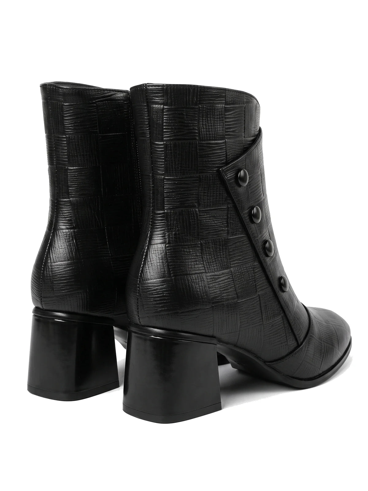 Paar Damen Stiefeletten auf Blockabsatz in Schwarz, Ansicht von hinten schräg