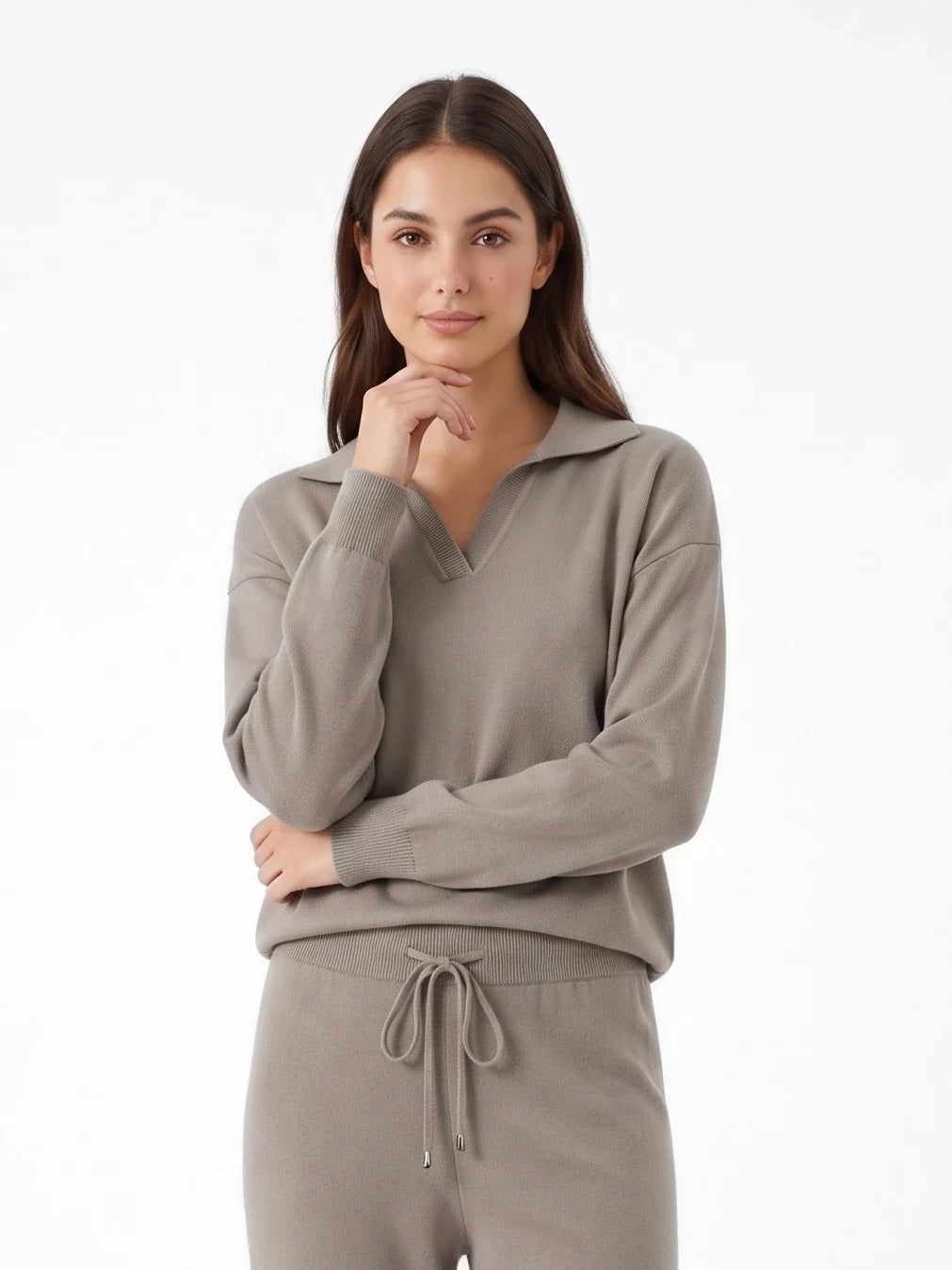 Damen Strick Set mit Polopullover und Hose mit Bindebändern