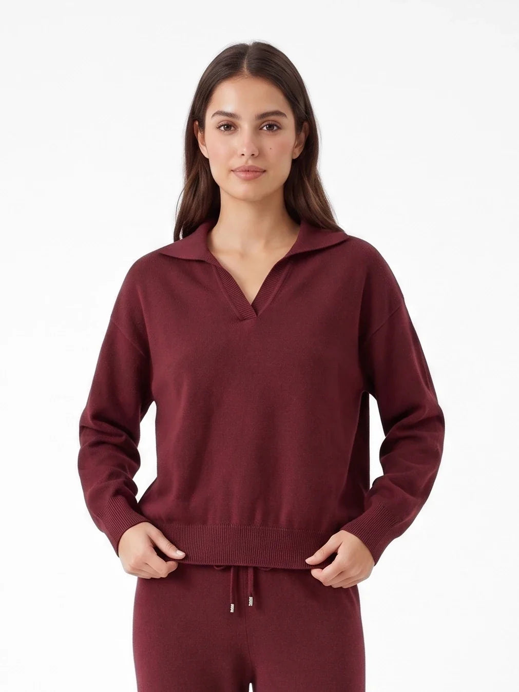 Damen Strick Set mit Polopullover und Hose mit Bindebändern – Ansicht 4