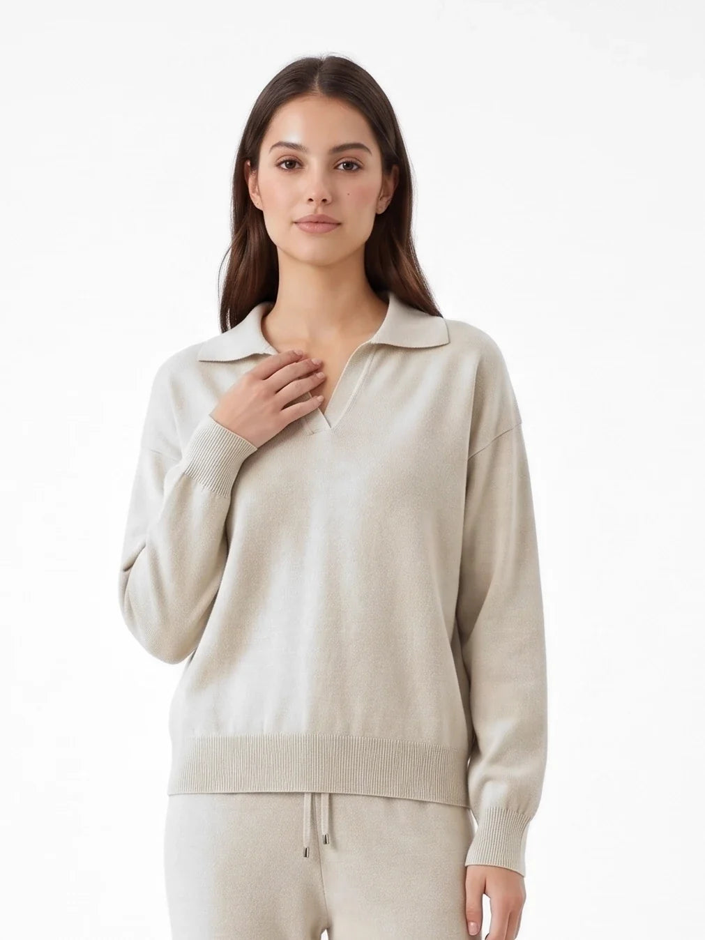 Damen Strick Set mit Polopullover und Hose mit Bindebändern – Ansicht 7