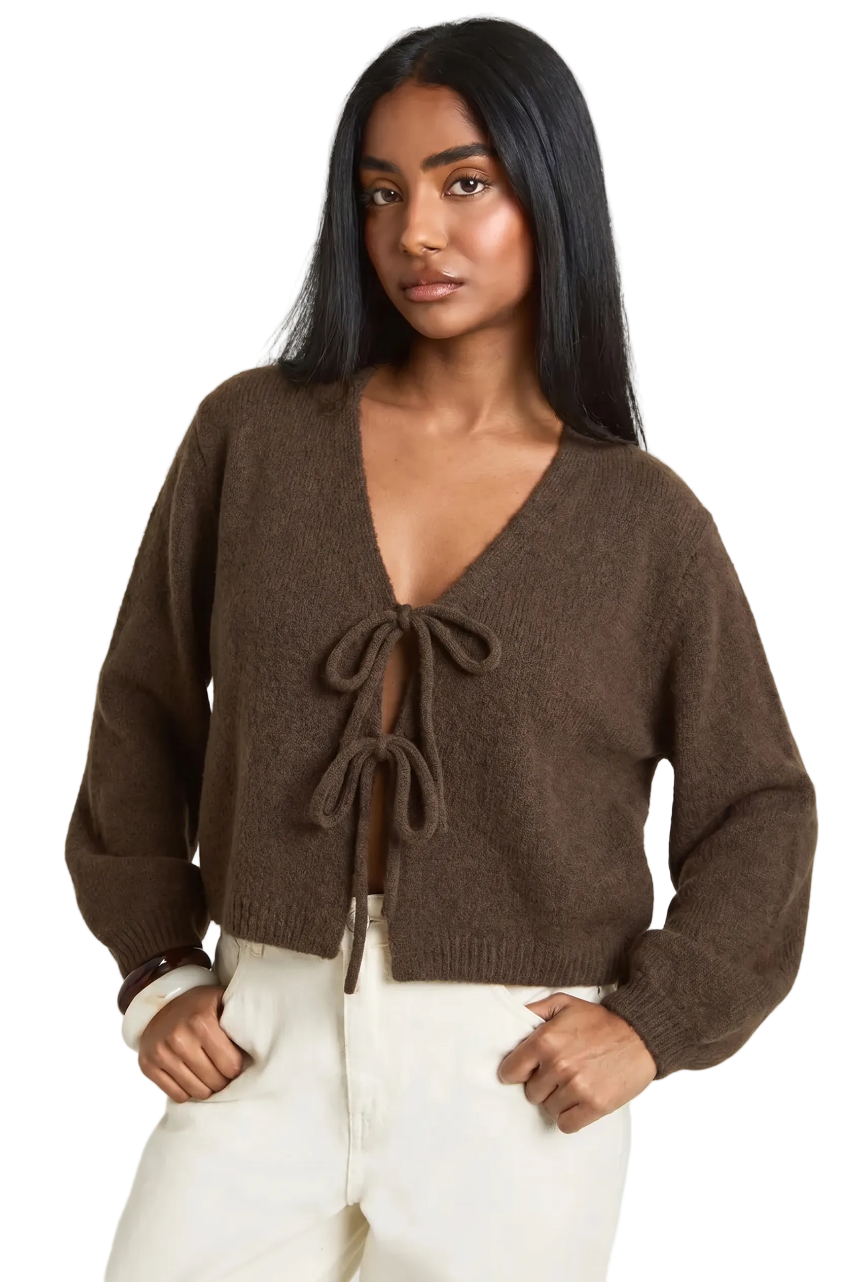 Damen Strickjacke aus Flauschigem Garn mit Tiefem V-Ausschnitt und Bindeband an der Taille