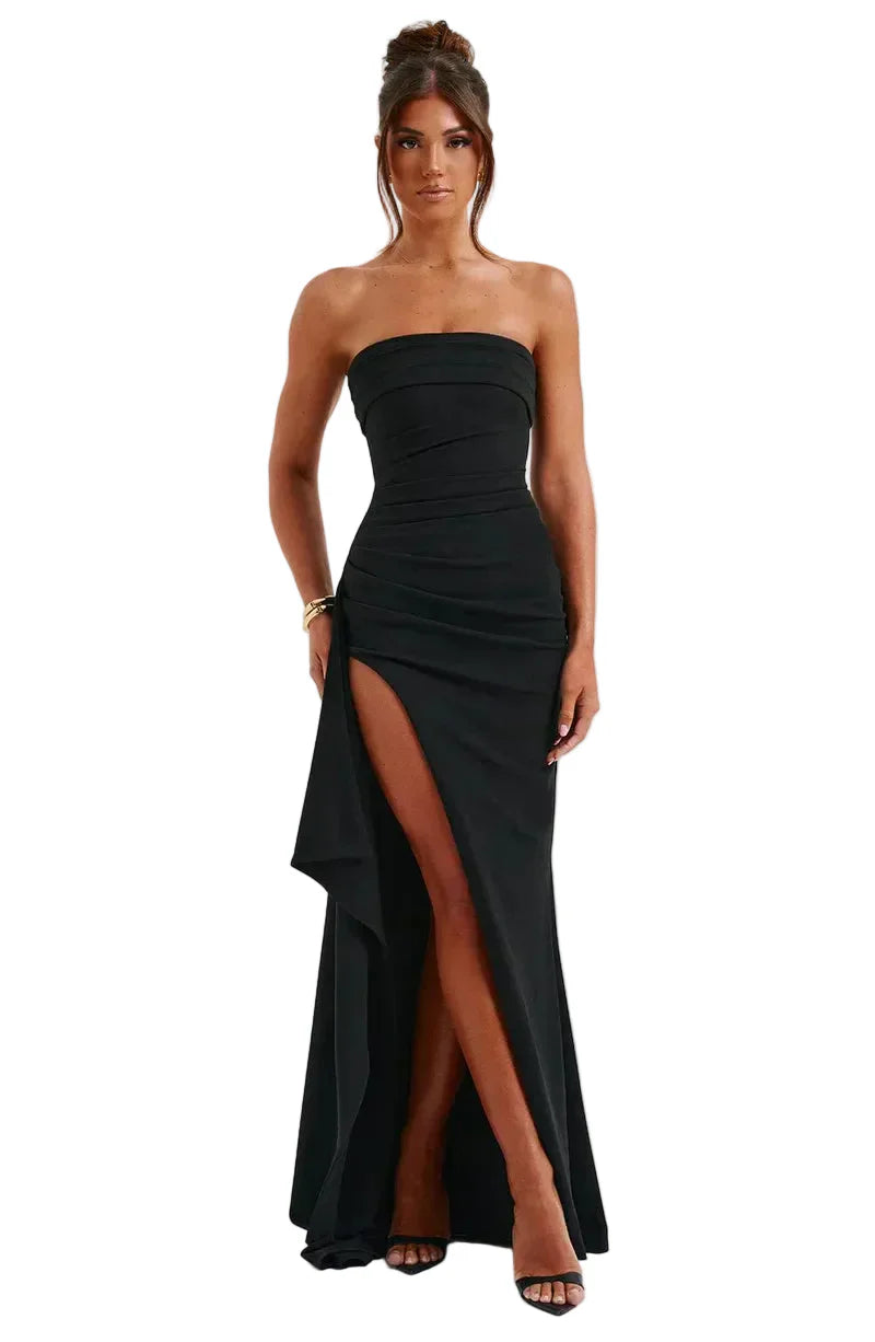 Damen trägerloses Maxikleid mit horizontalen Falten und Kaskadenpanel Ansicht 4