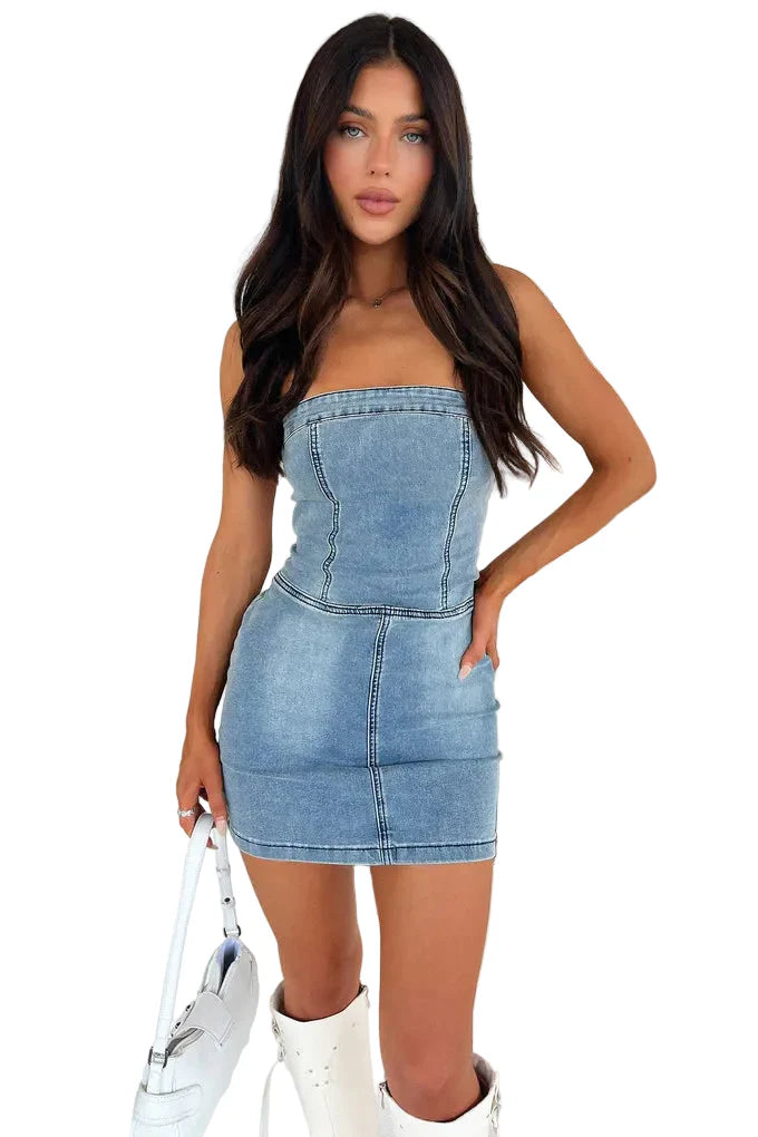 Damen trägerloses Minikleid aus Jeansstoff mit Kontrastnähten