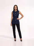 Damen Tweed Weste mit Zierknöpfen und Gürtel an der Taille