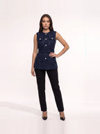 Damen Tweed Weste mit Zierknöpfen und Gürtel an der Taille