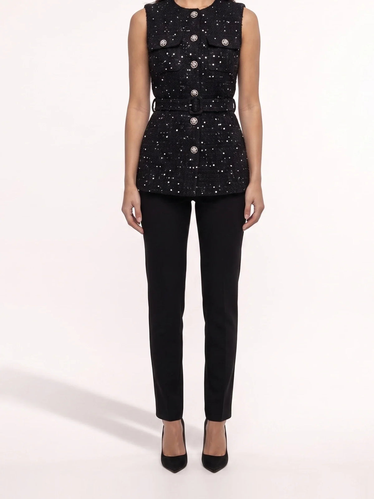 Damen Tweed Weste mit Zierknöpfen und Gürtel an der Taille – Ansicht 11