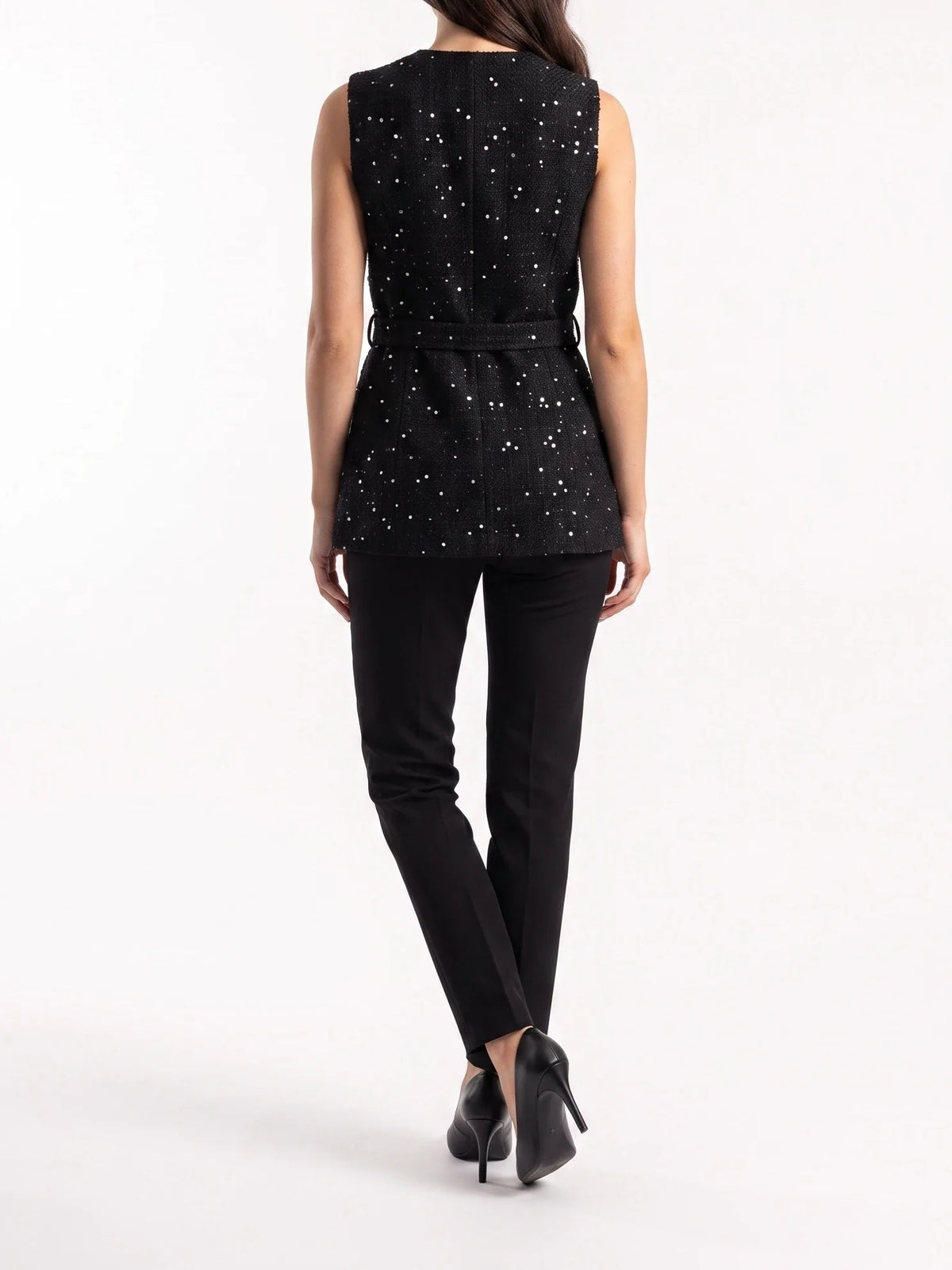 Damen Tweed Weste mit Zierknöpfen und Gürtel an der Taille – Ansicht 12