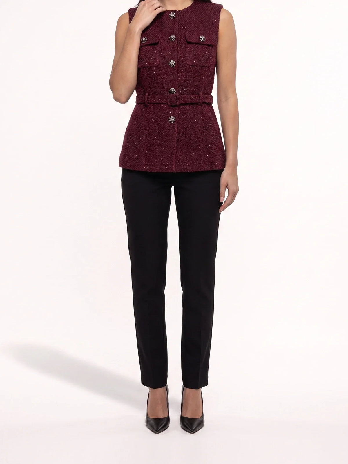 Damen Tweed Weste mit Zierknöpfen und Gürtel an der Taille – Ansicht 14