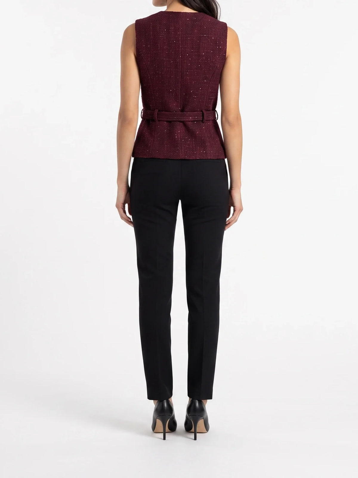 Damen Tweed Weste mit Zierknöpfen und Gürtel an der Taille – Ansicht 15
