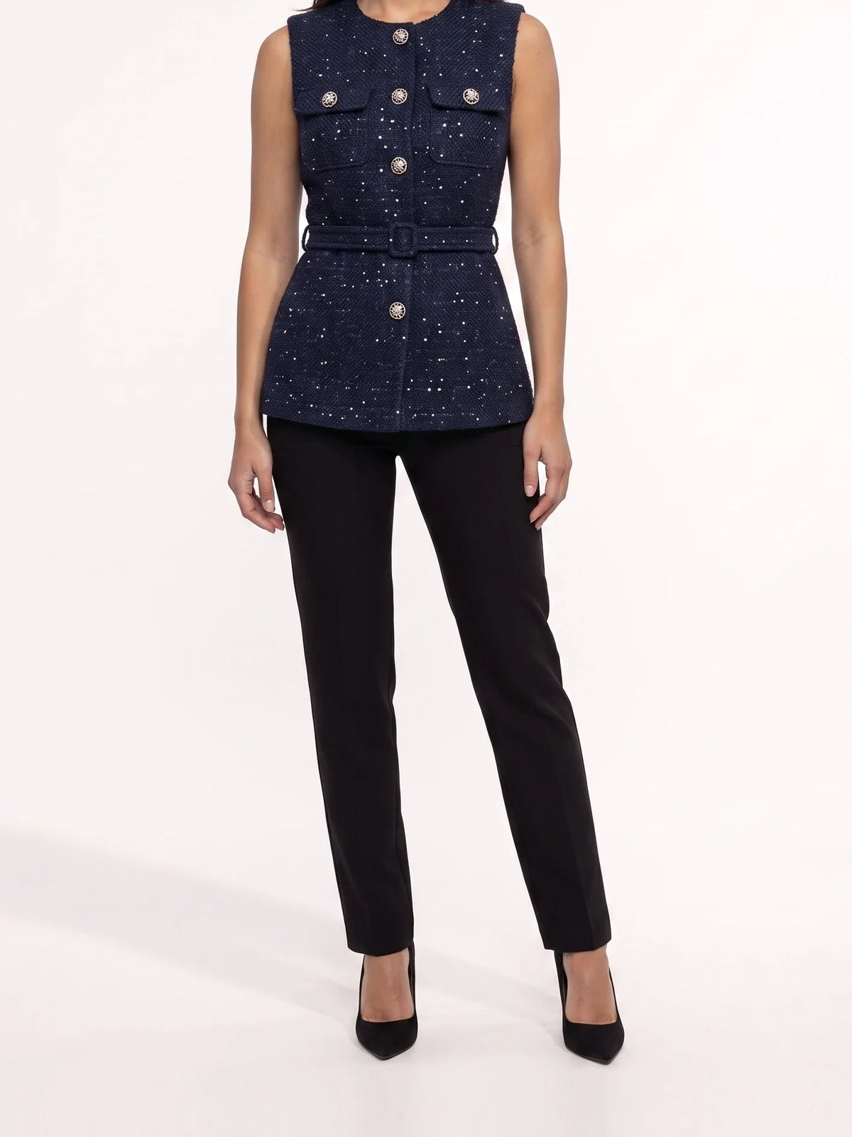 Damen Tweed Weste mit Zierknöpfen und Gürtel an der Taille – Ansicht 2