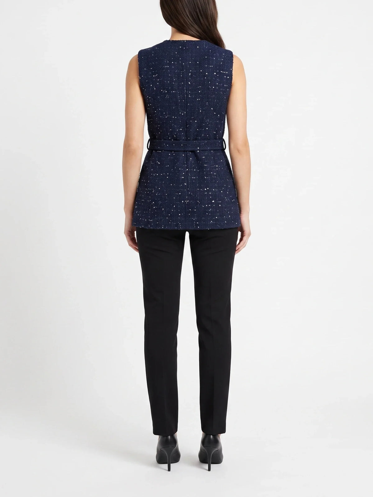 Damen Tweed Weste mit Zierknöpfen und Gürtel an der Taille – Ansicht 3
