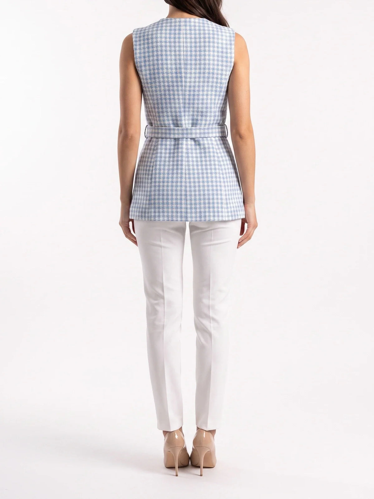 Damen Tweed Weste mit Zierknöpfen und Gürtel an der Taille – Ansicht 6