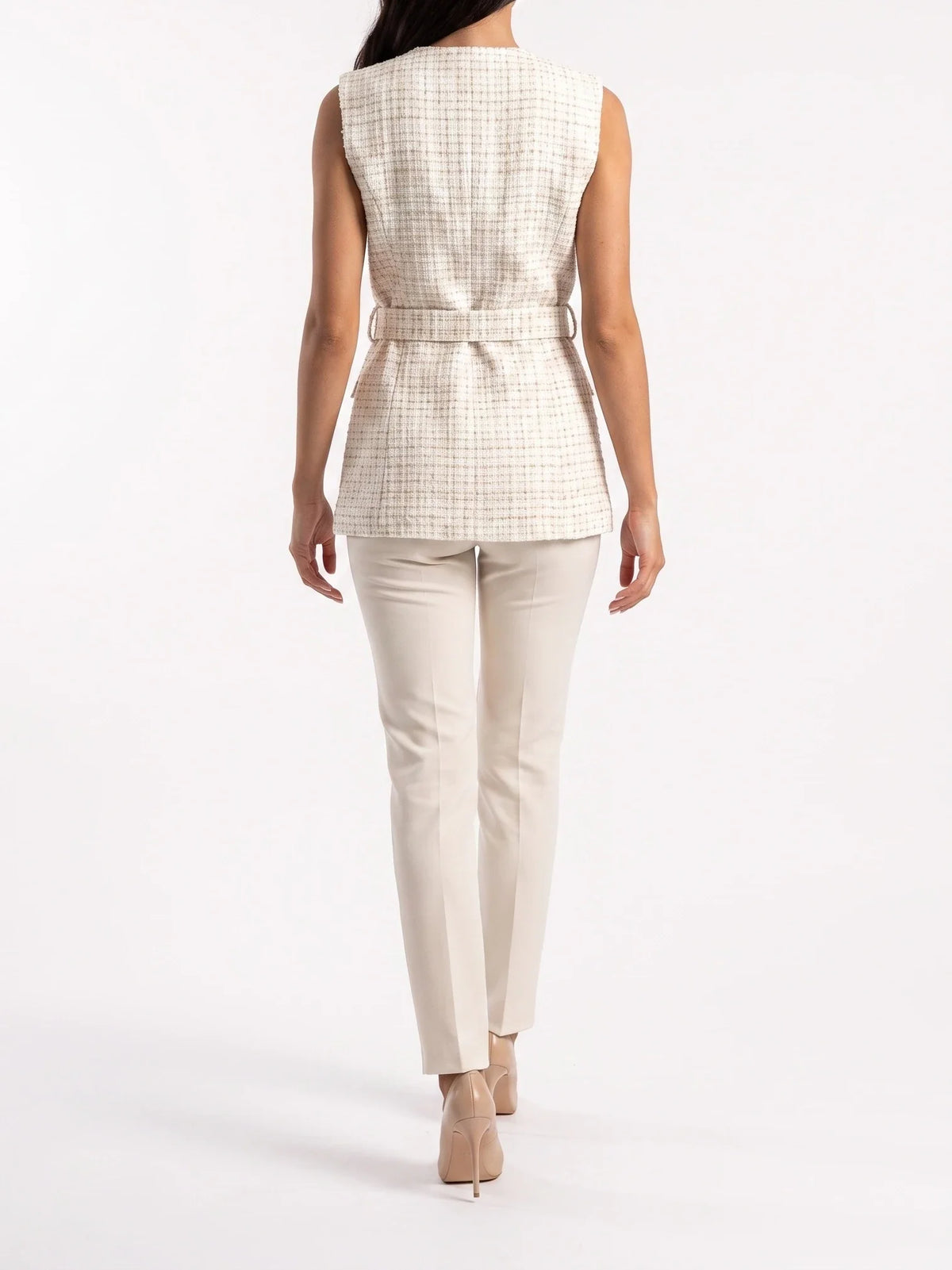 Damen Tweed Weste mit Zierknöpfen und Gürtel an der Taille – Ansicht 9