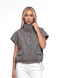 Damen Weste mit Kurzen Ärmeln, Stehkragen und Taschen mit Druckknopfverschluss