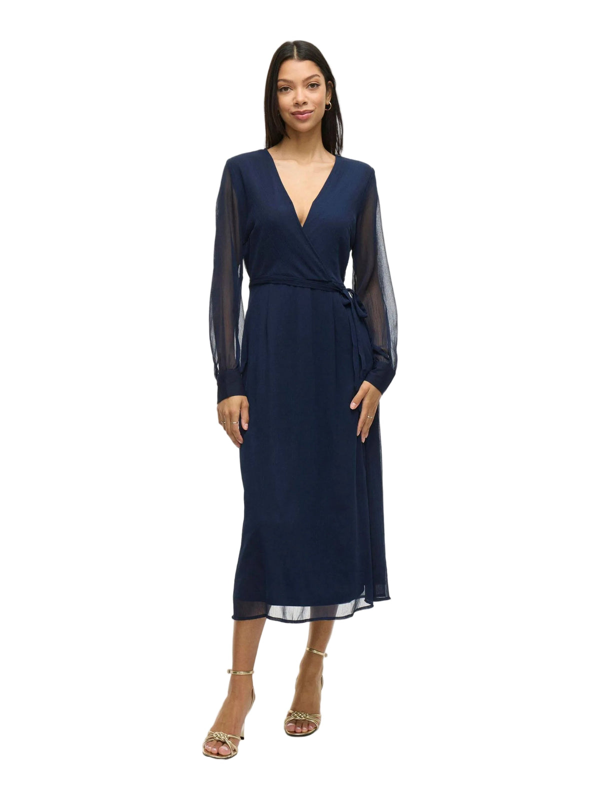 Damen Wickelkleid Midi mit Langen Ärmeln