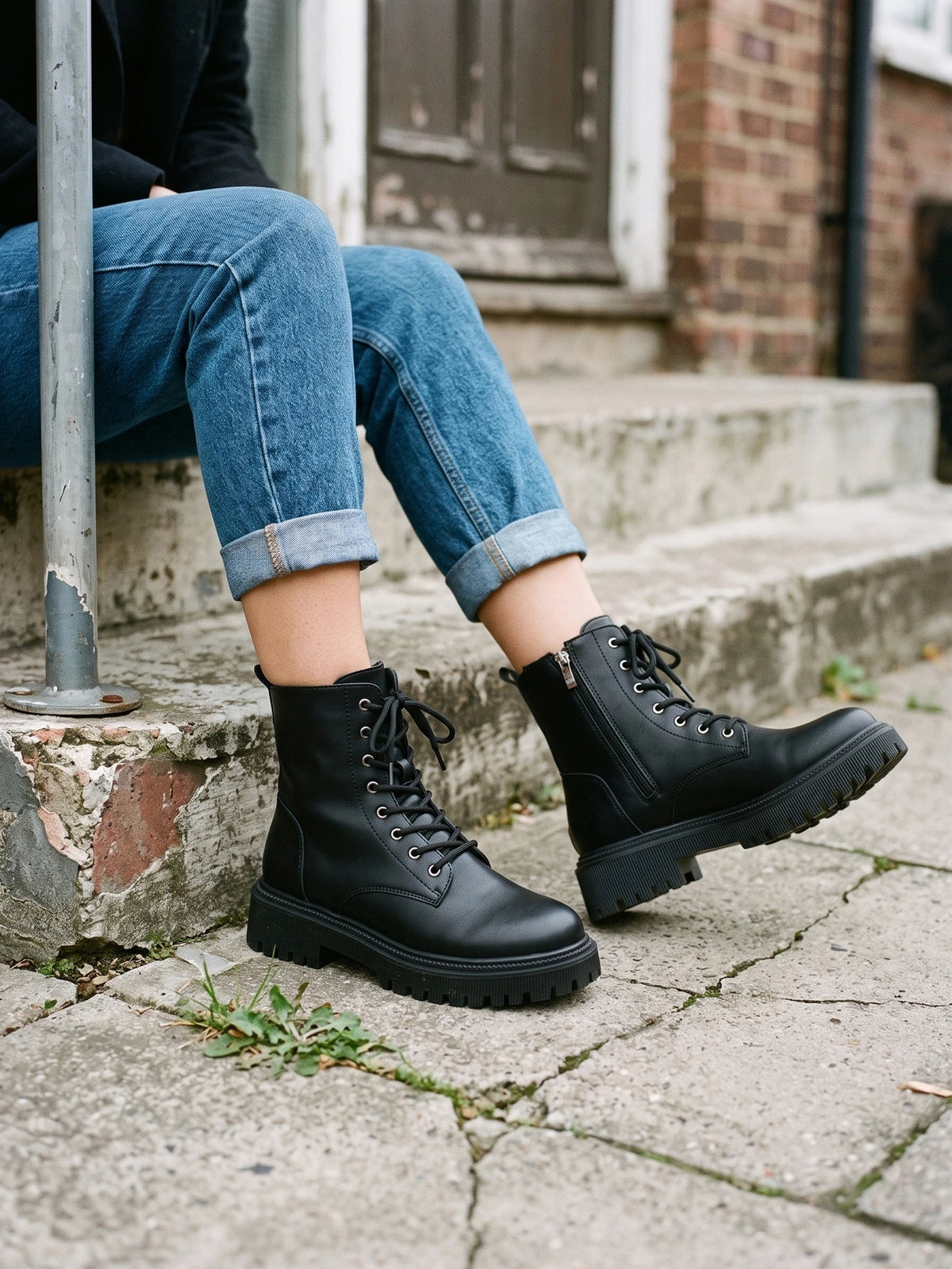 Damen Worker Boots in Schwarz, getragen auf einer Betontreppe