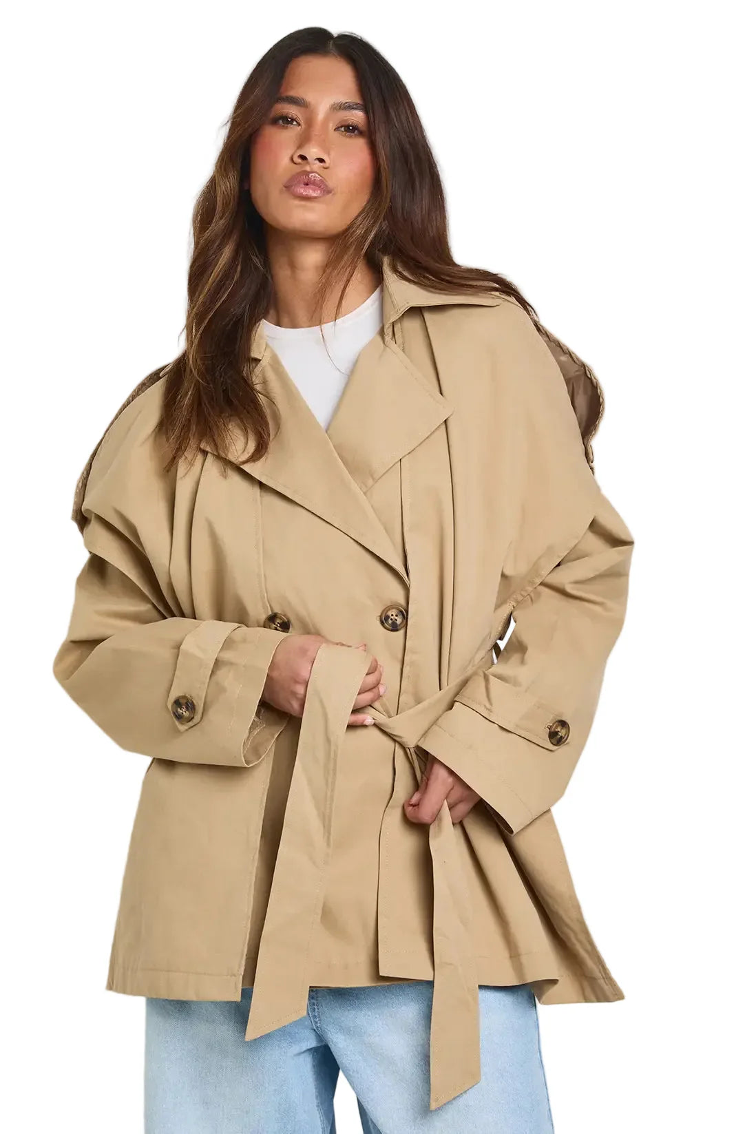 Damen Zweireiher Jacke mit Reverskragen und Bindegürtel