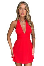 Damen Neckholder Minikleid mit Tiefem V-Ausschnitt und Geraffter Taille
