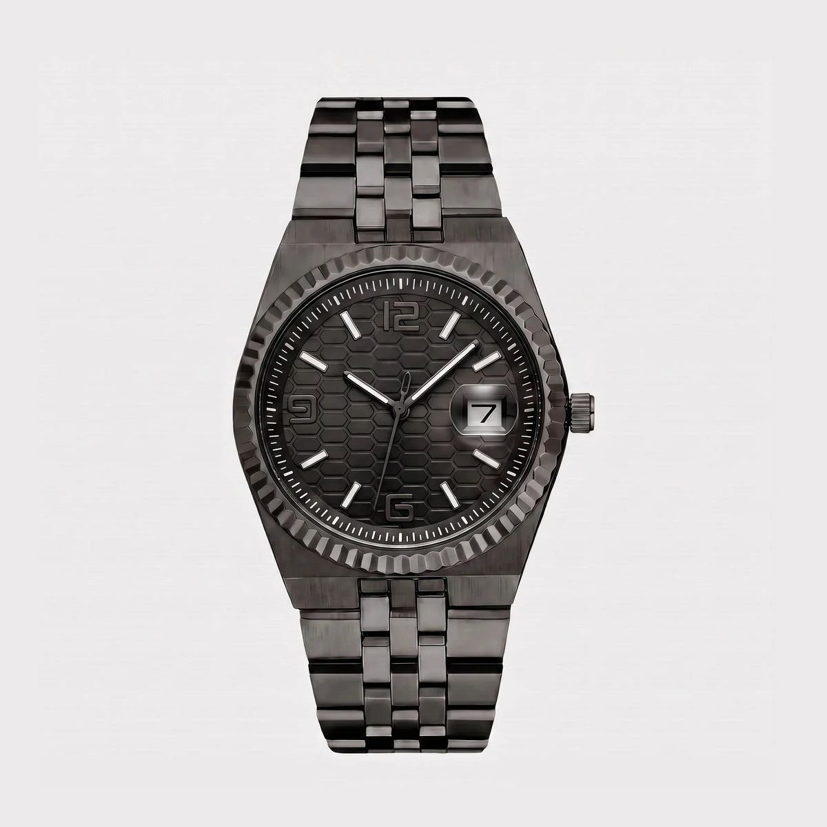 Herren Armbanduhr mit Geriffelter Lünette und Arabischen Ziffern am Gliederarmband – Ansicht 16