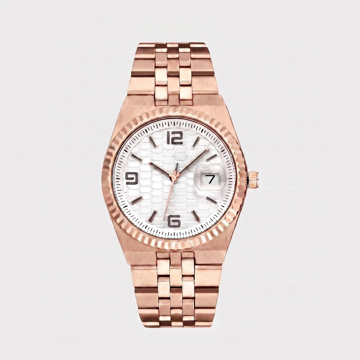 Herren Armbanduhr mit Geriffelter Lünette und Arabischen Ziffern am Gliederarmband – Ansicht 6