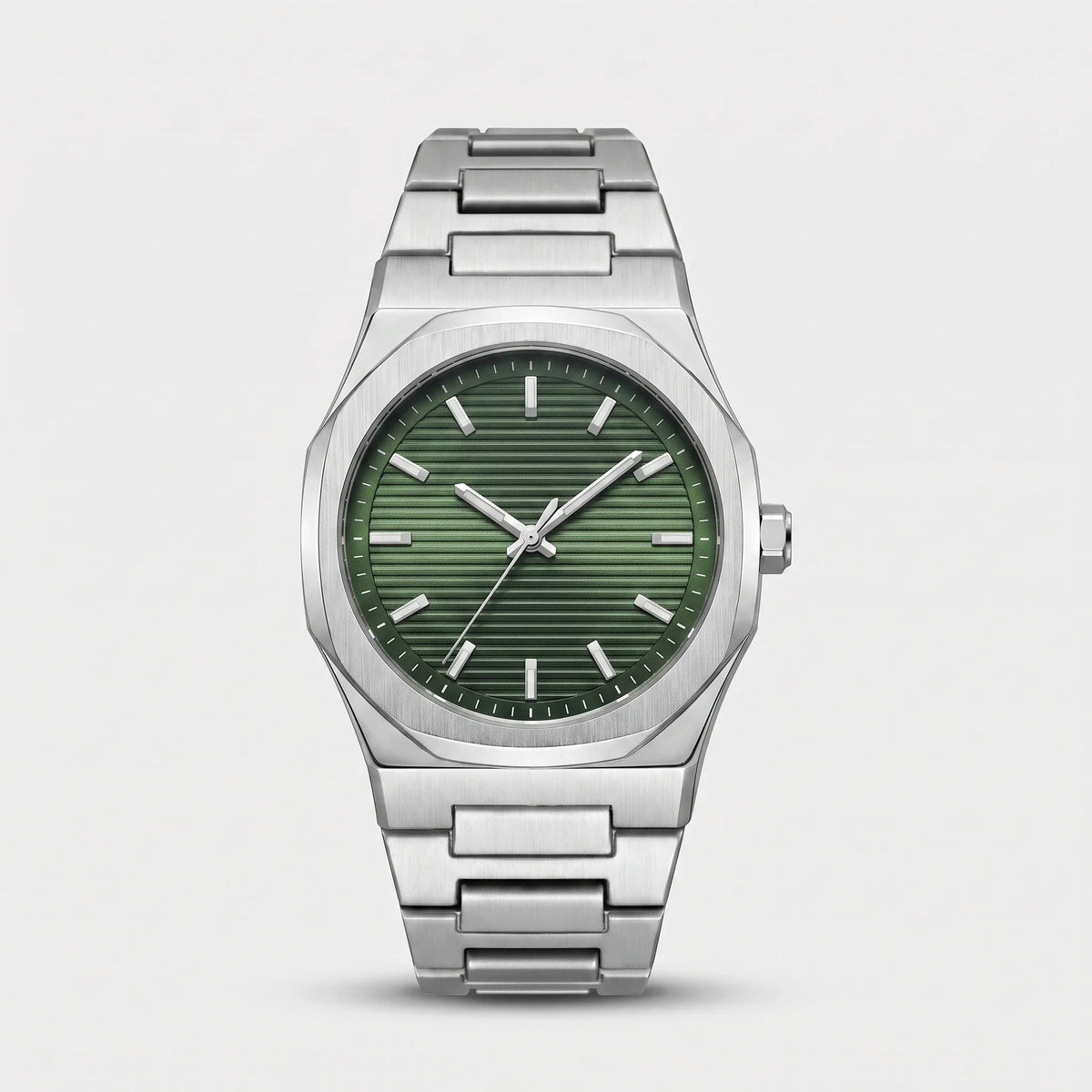 Herren Armbanduhr mit Geripptem Zifferblatt und Achteckigem Gehäuse am Gliederarmband – Ansicht 6