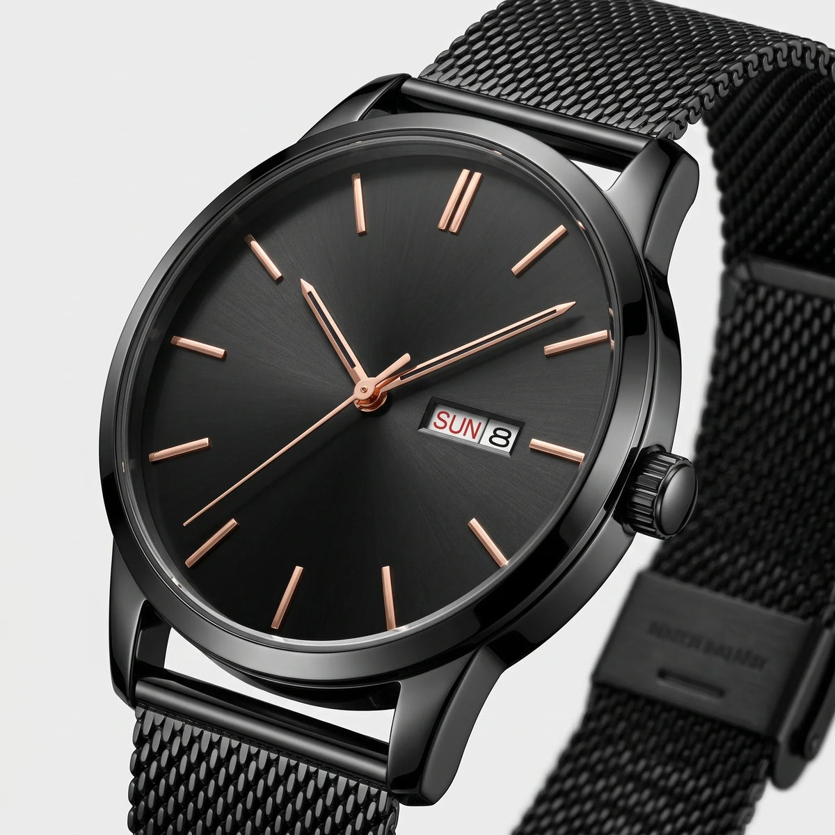 Herren Armbanduhr mit Tag- und Datumsanzeige am Mesh Armband – Ansicht 2