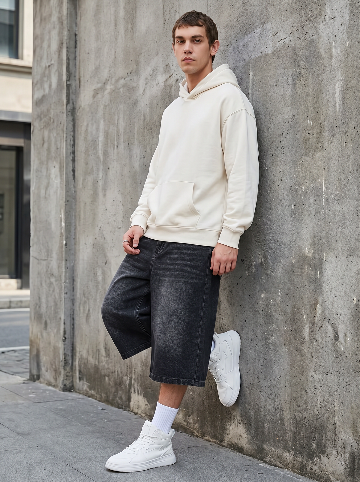 Herren Jeansshorts mit Weitem Schnitt in Kniehöhe – Ansicht 8