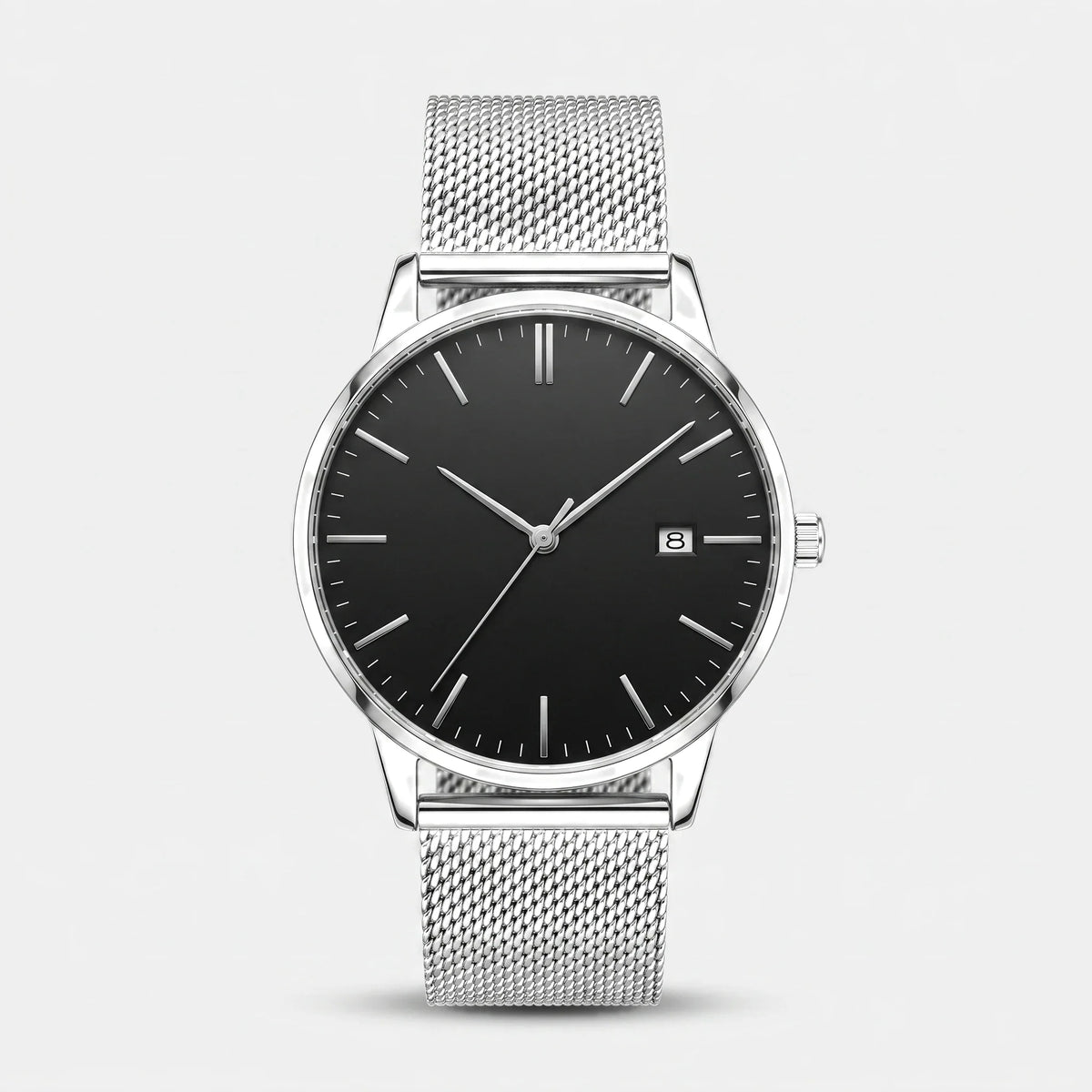 Herren Minimalistische Armbanduhr mit Schwarzem Zifferblatt am Mesh Armband