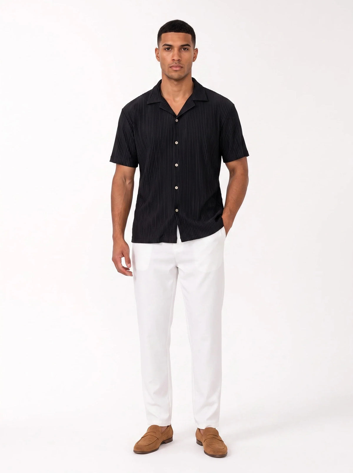 Herren Set mit Plissiertem Kurzarmhemd und Hose mit Geraden Beinen