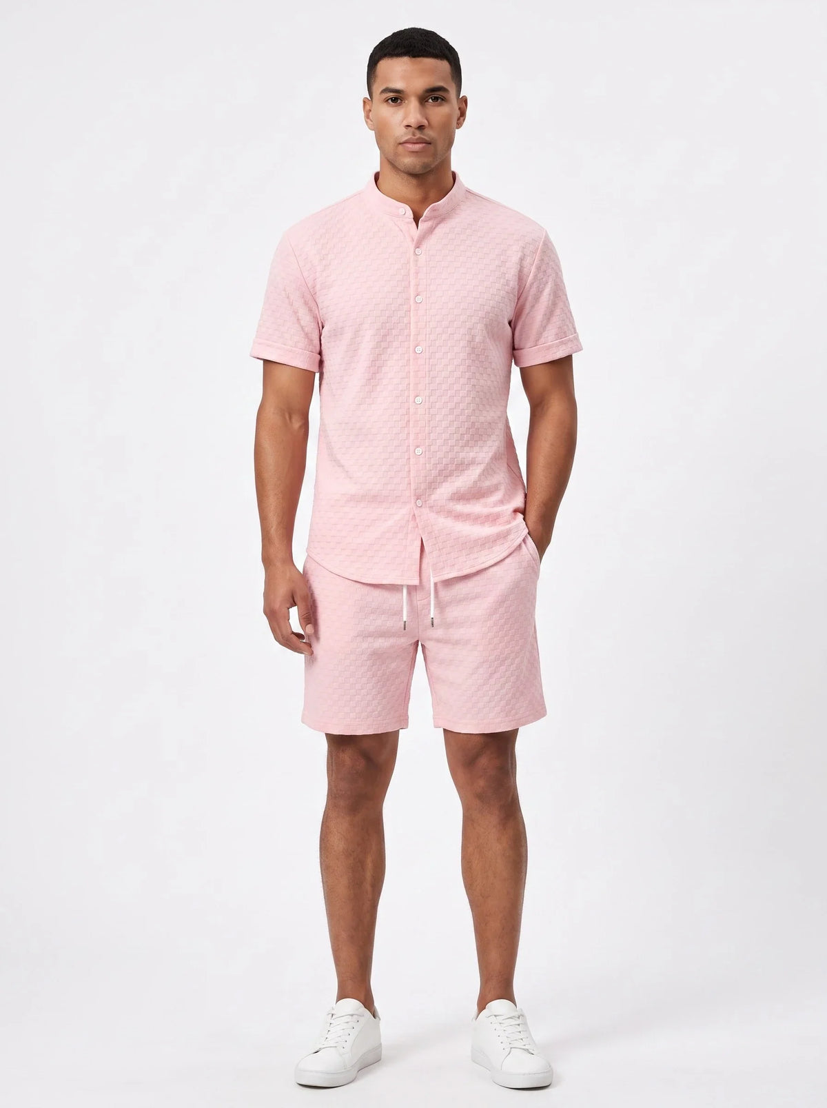 Herren Set mit Stehkragenhemd und Shorts in Geprägter Struktur
