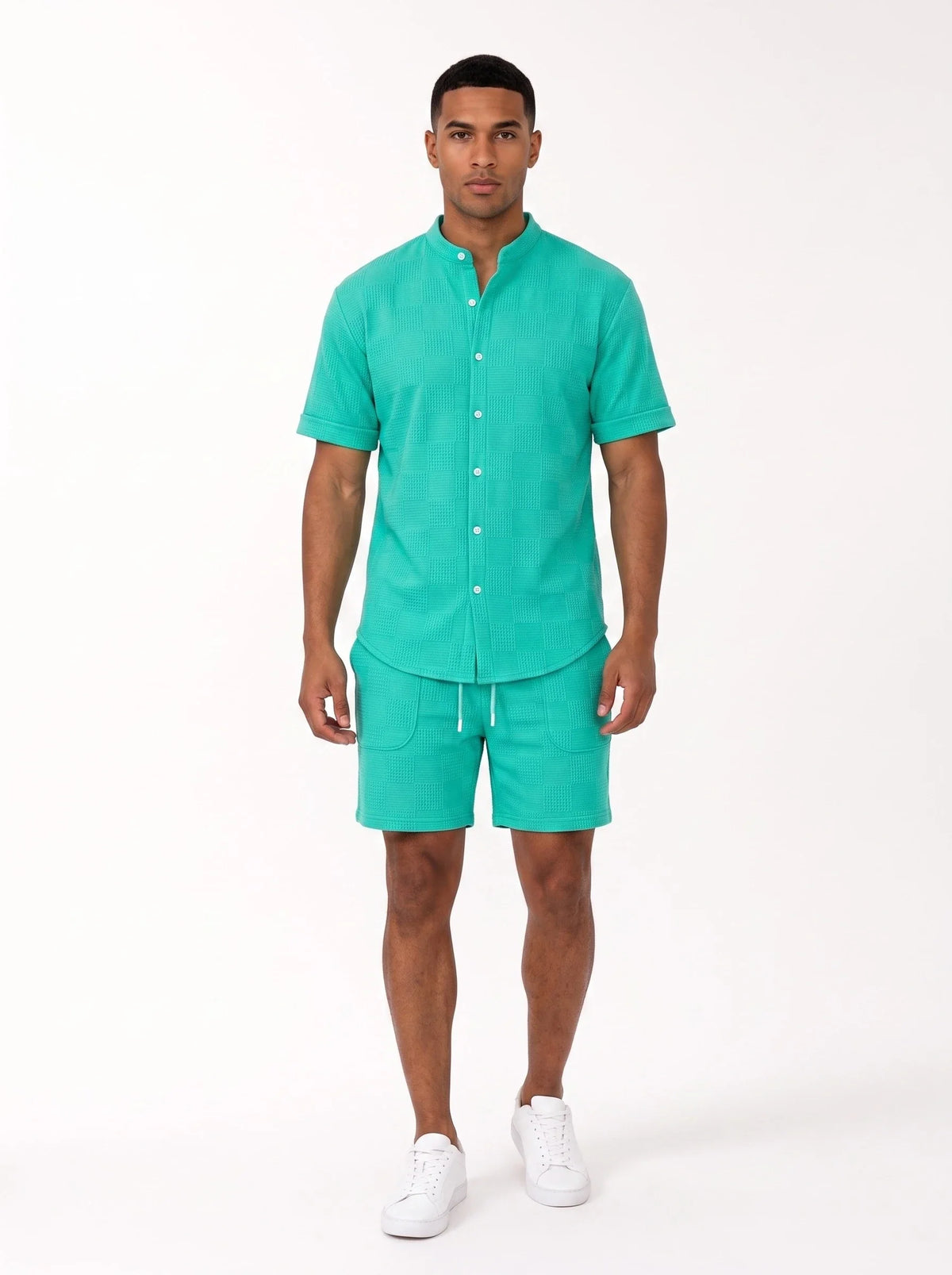 Herren Set mit Stehkragenhemd und Shorts in Geprägter Struktur – Ansicht 10