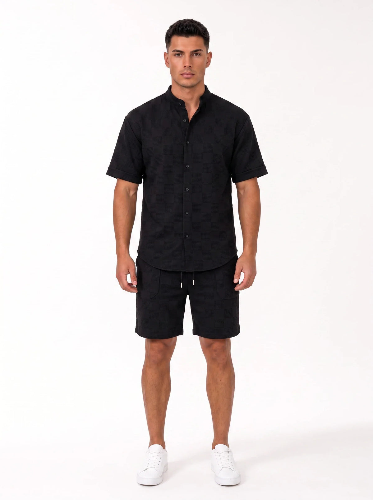 Herren Set mit Stehkragenhemd und Shorts in Geprägter Struktur – Ansicht 7