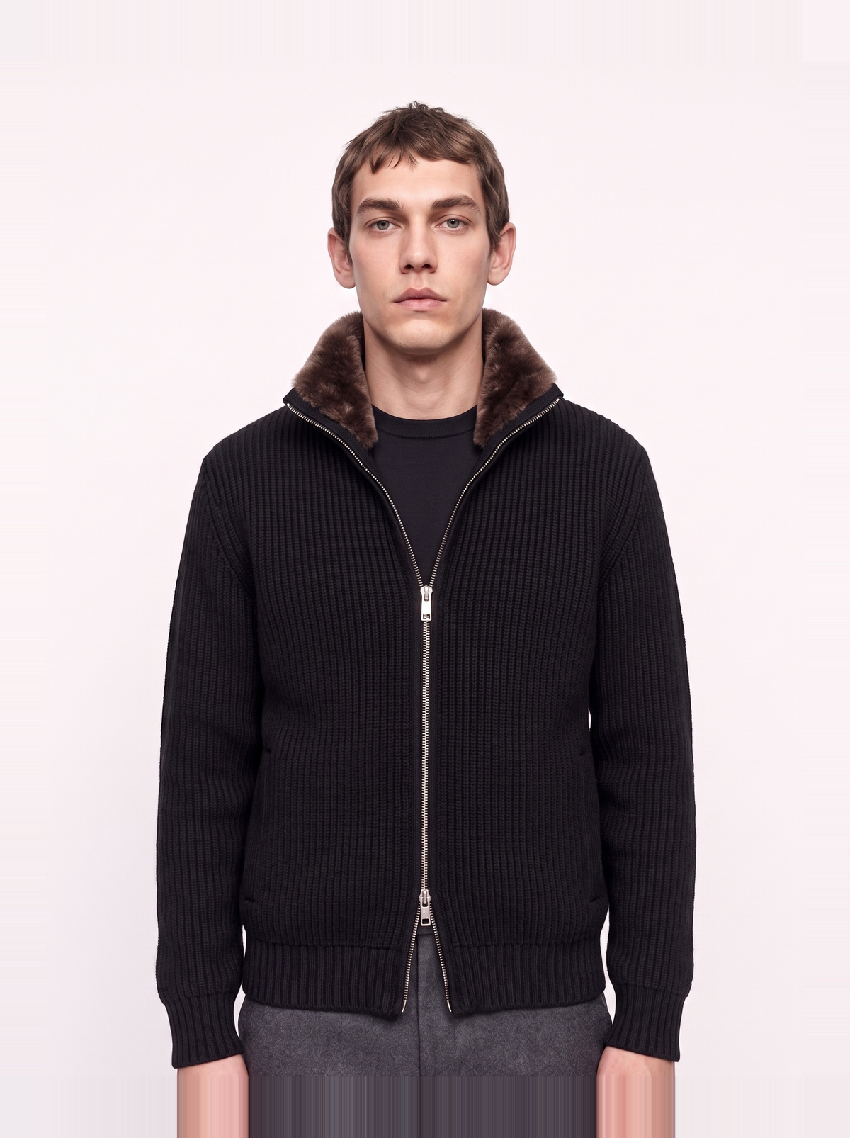 Herren Strickjacke mit Reißverschluss und Abnehmbarem Fellkragen