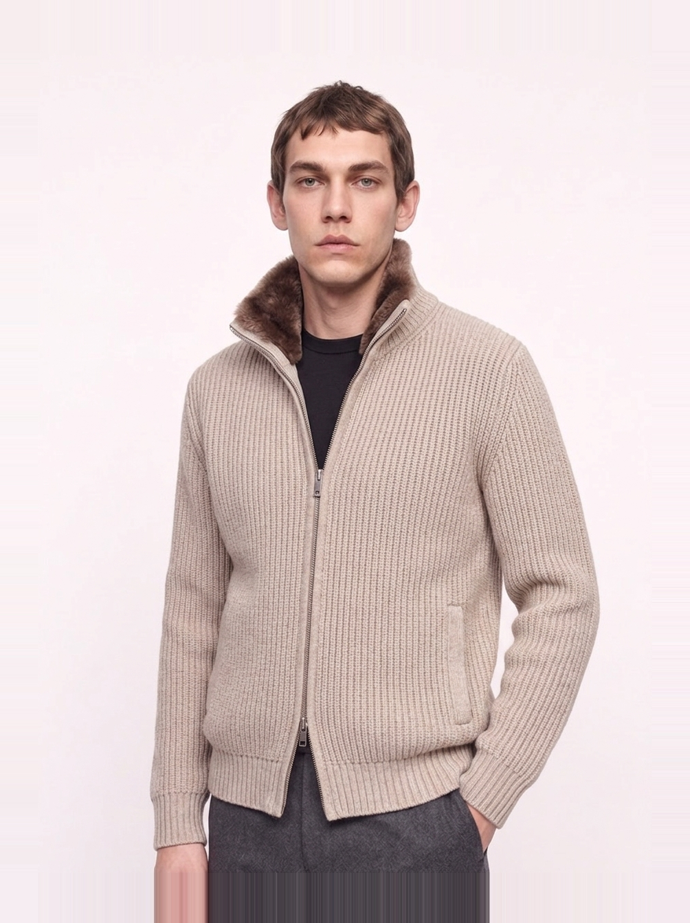 Herren Strickjacke mit Reißverschluss und Abnehmbarem Fellkragen – Ansicht 9