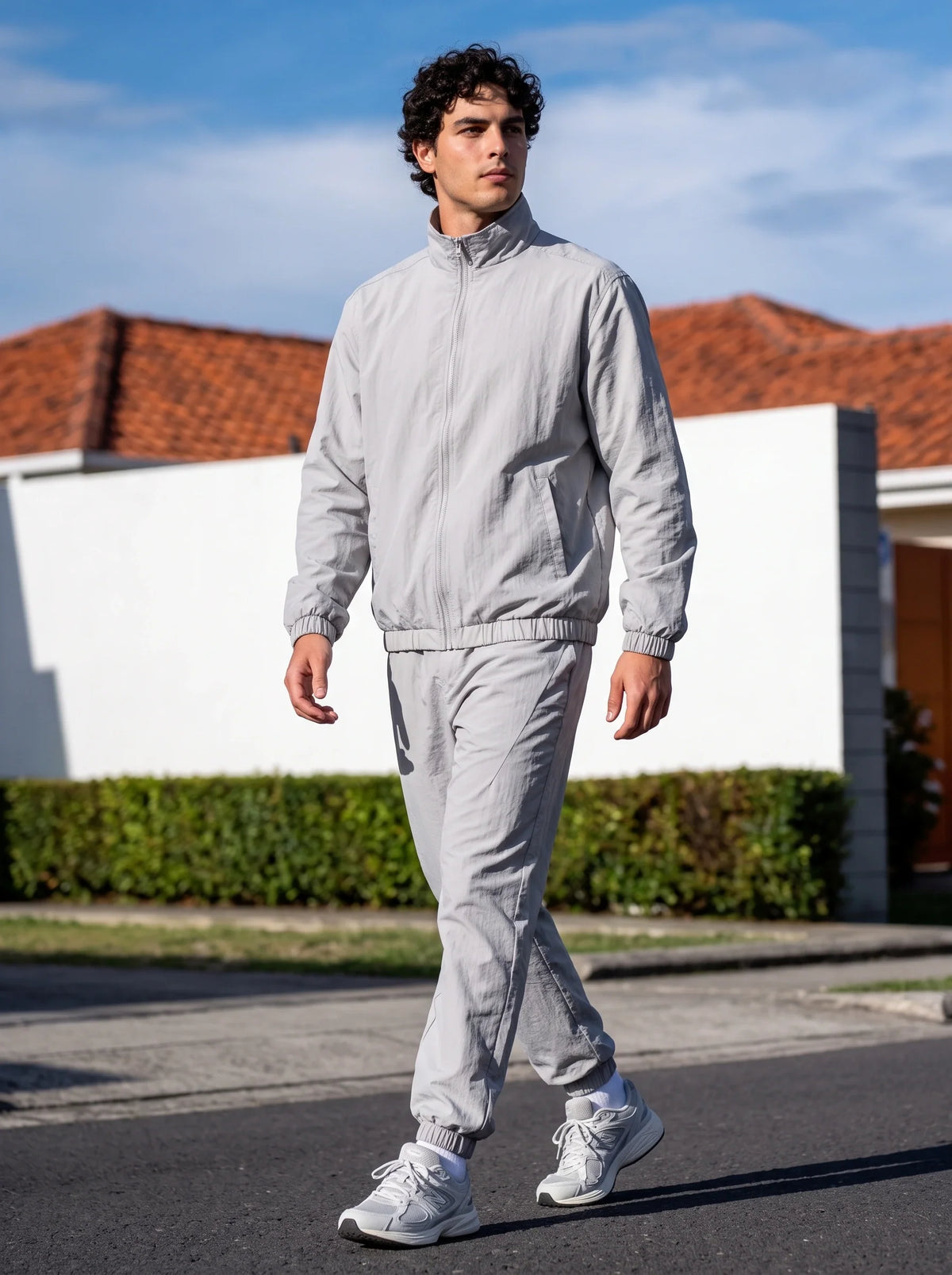 Herren Set aus Sweatjacke mit Stehkragen und Hose mit Bündchen – Aufnahme im Freien