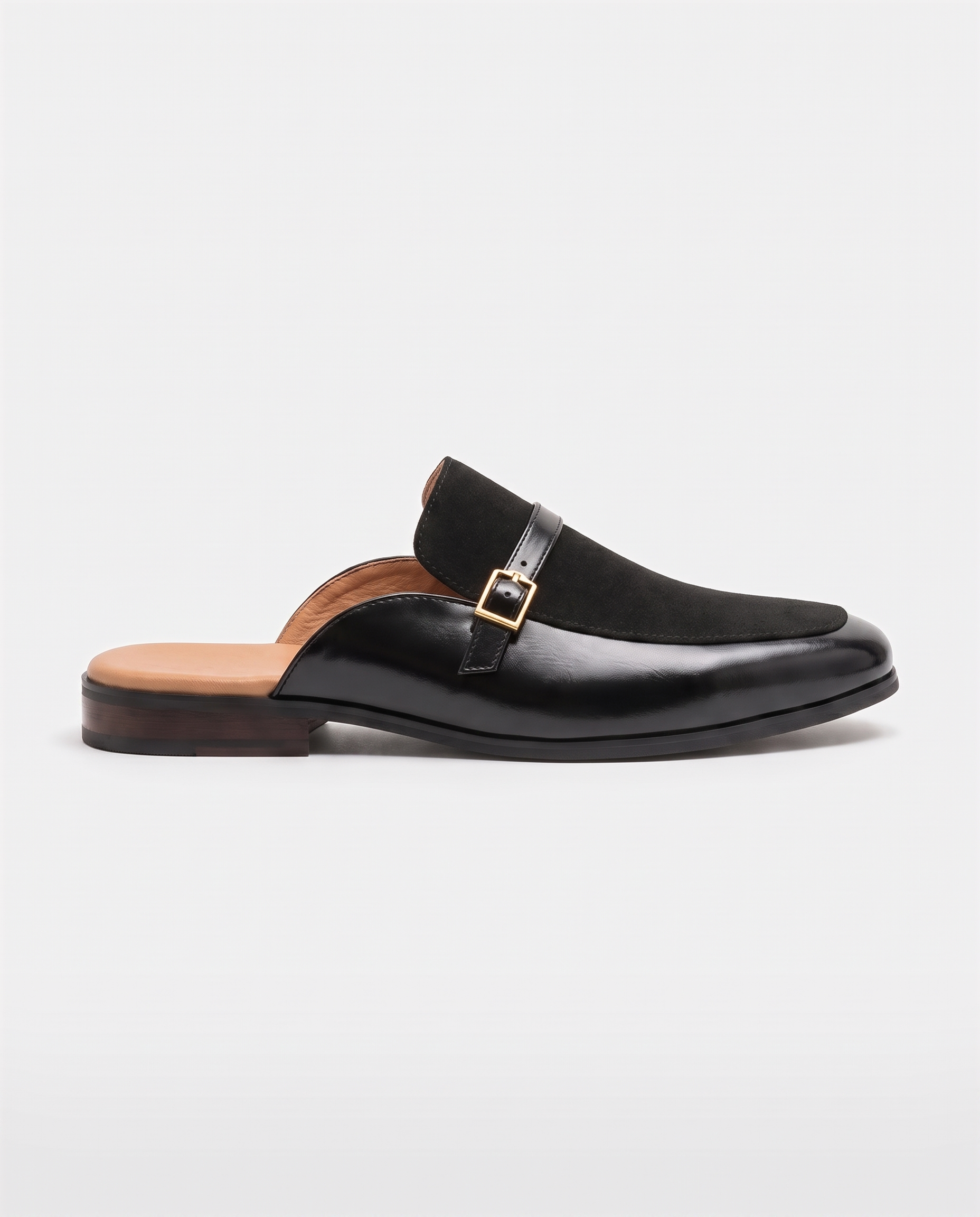 Herren Wildleder Slipper Mules mit Zierschnalle, Schwarz – Seitenansicht