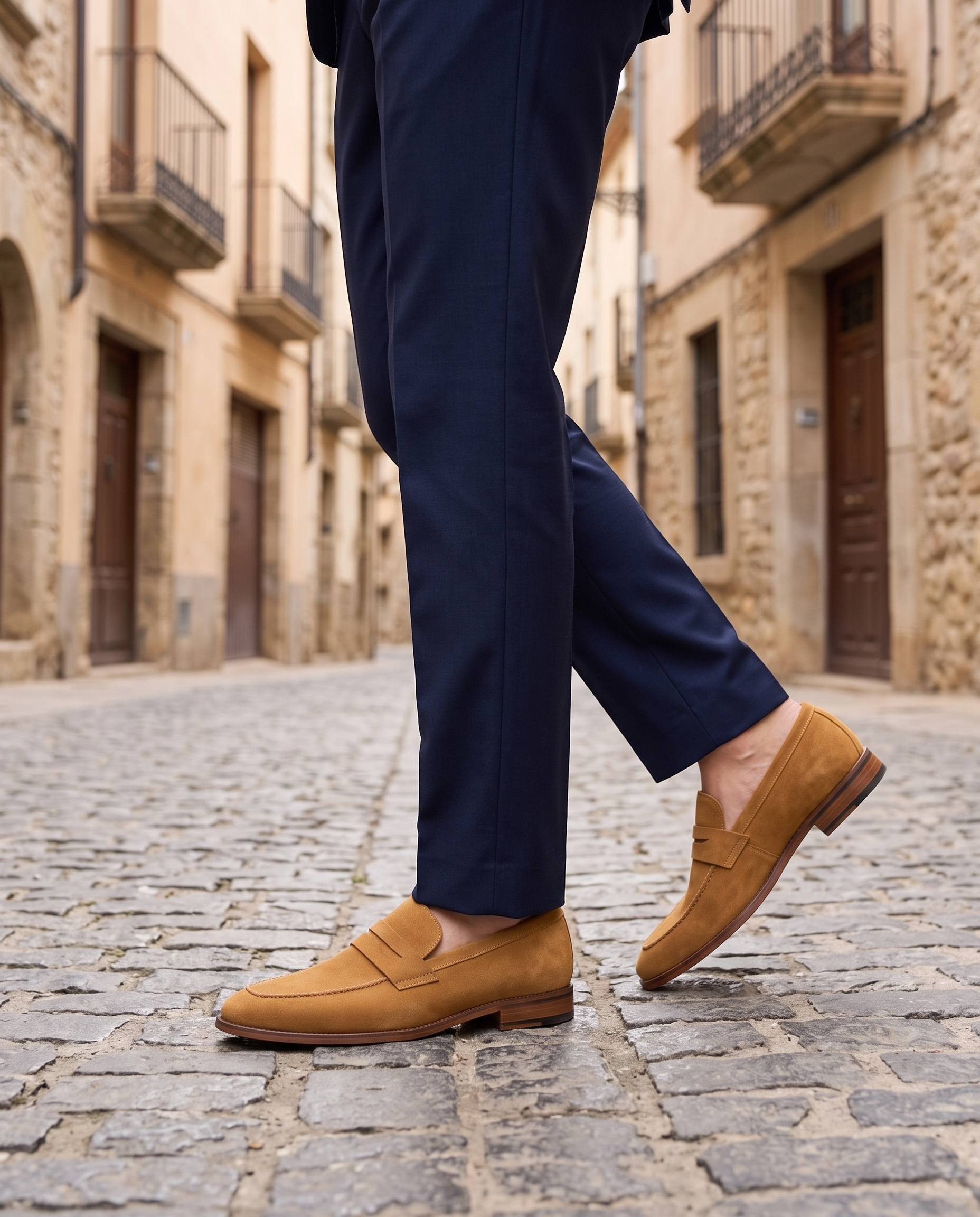 Herren Wildleder Slipper mit Zierriemen, Camel – Styling-Aufnahme