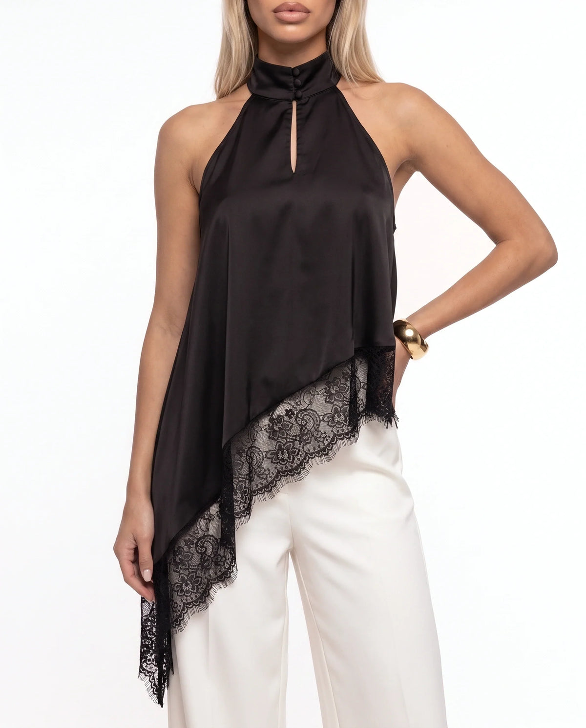 Damen Asymmetrisches Top mit Spitzenbesatz und Offenem Rücken 2