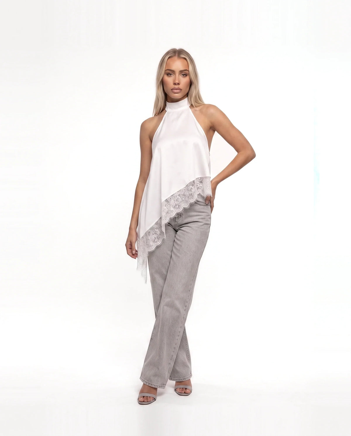 Damen Asymmetrisches Top mit Spitzenbesatz und Offenem Rücken 5