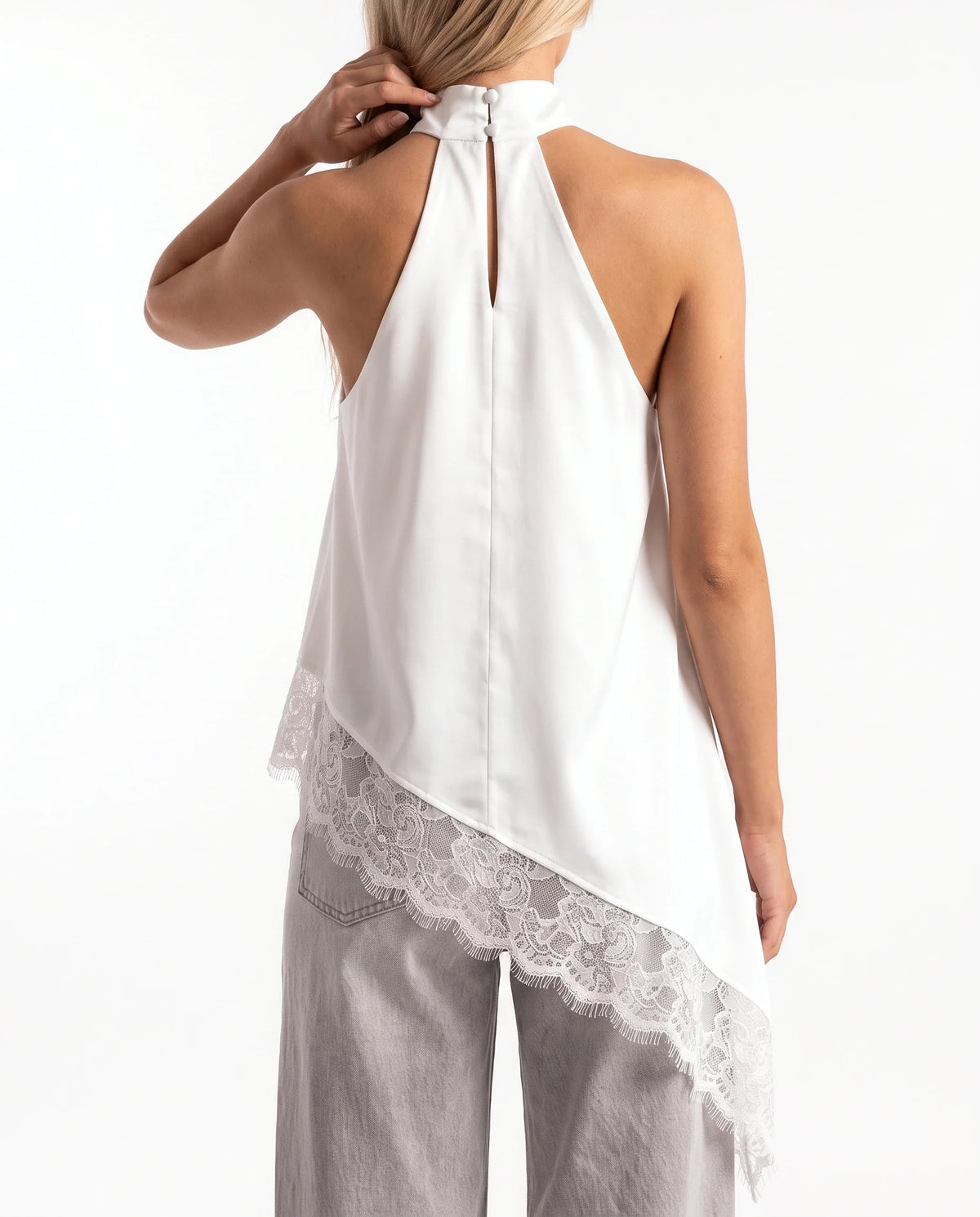 Damen Asymmetrisches Top mit Spitzenbesatz und Offenem Rücken 7
