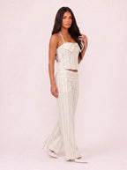 Damen Gestreiftes Set mit Korsagentop und Weiter Hose 7