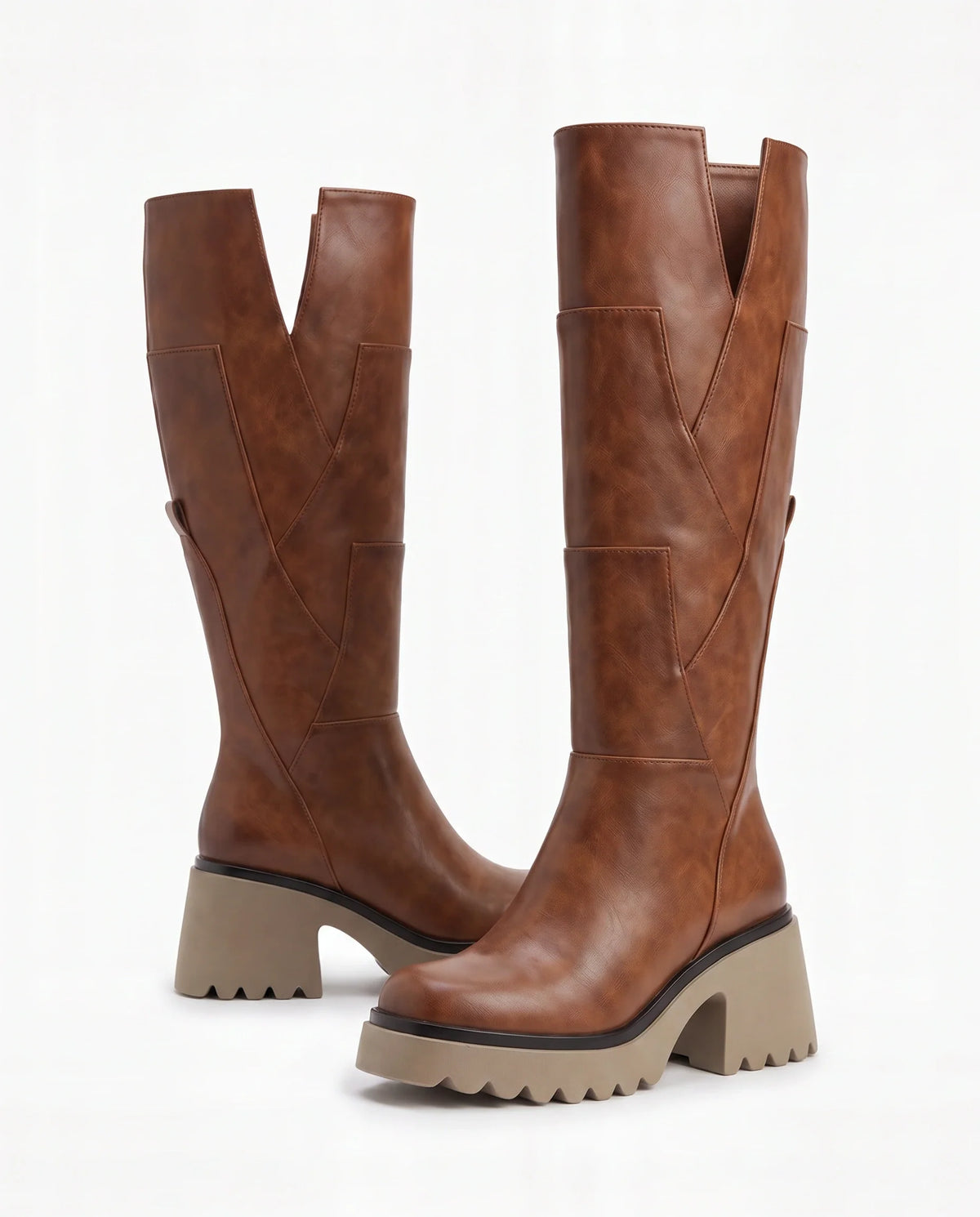 Damen Kniestiefel auf Blockabsatz und Dicker Plateausohle 6