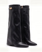 Damen Kniestiefel mit Verdecktem Keilabsatz und Überschlag 10
