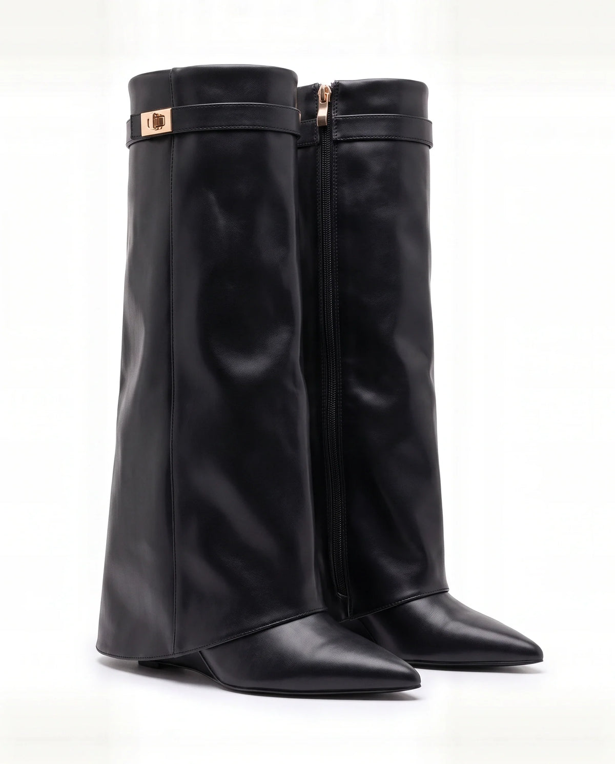 Damen Kniestiefel mit Verdecktem Keilabsatz und Überschlag 10
