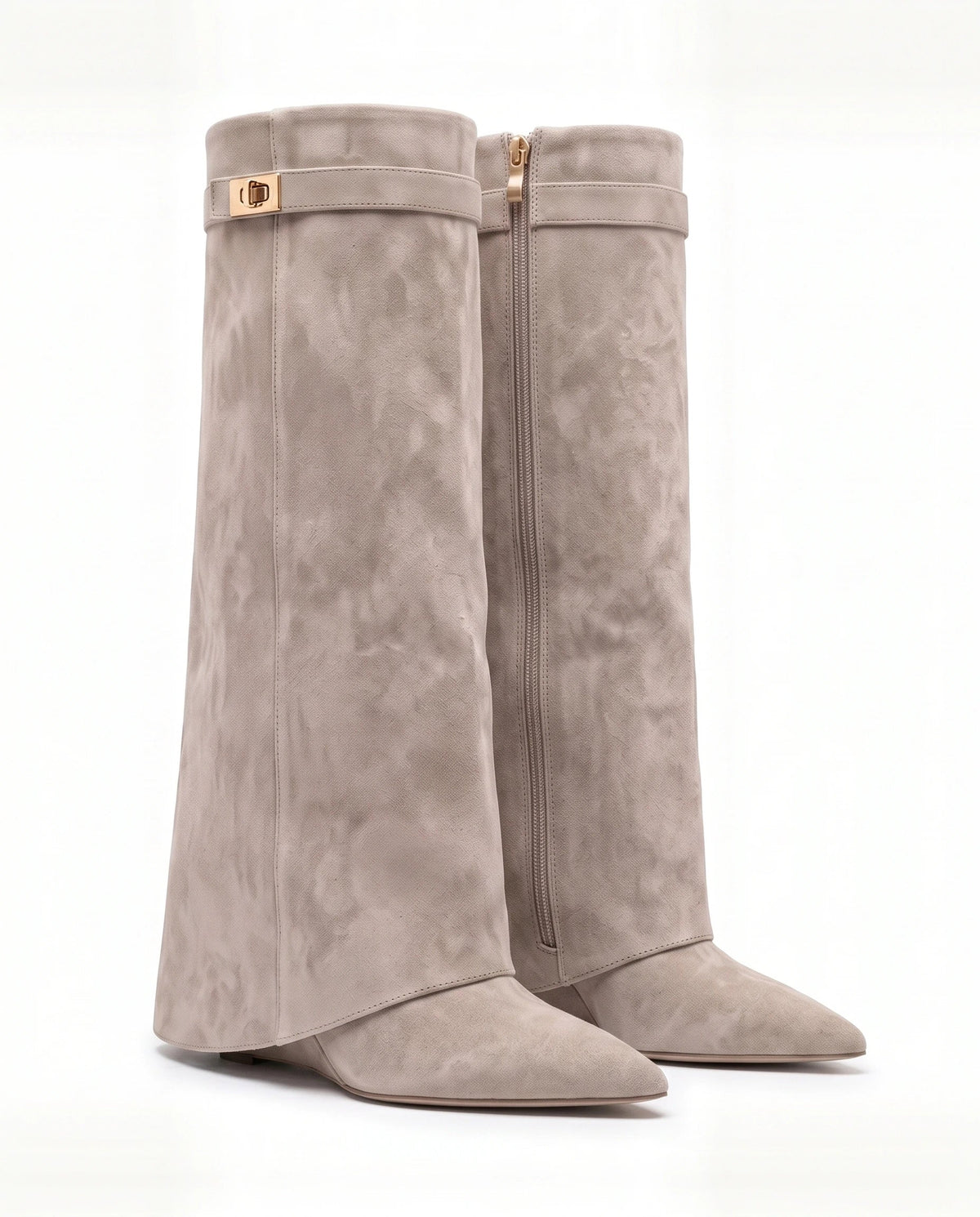 Damen Kniestiefel mit Verdecktem Keilabsatz und Überschlag 2