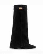 Damen Kniestiefel mit Verdecktem Keilabsatz und Überschlag 5
